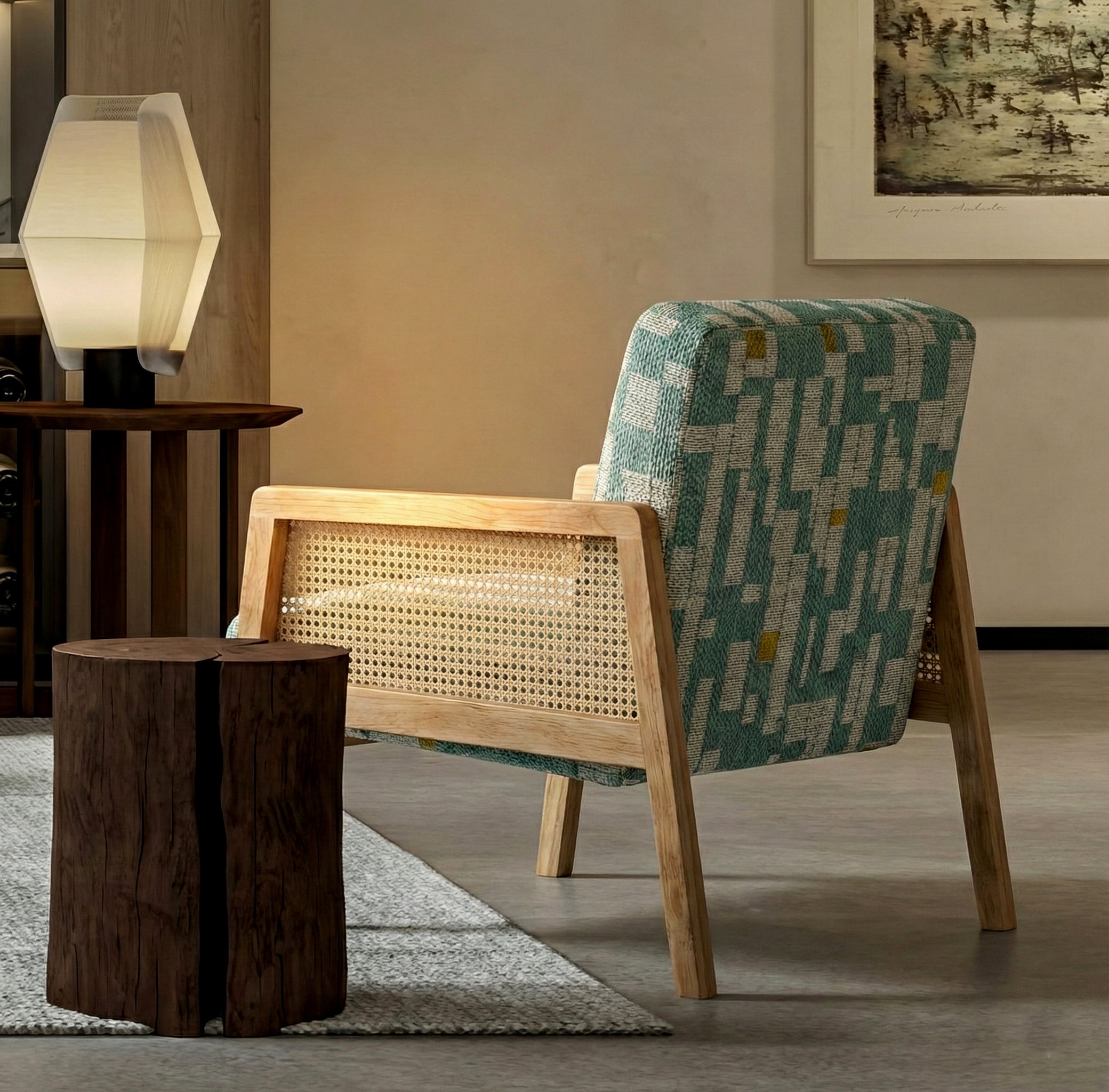 Cyber Home Make ● Sillón Individual con Diseño de Ratán Tejido y Estructura de Madera (Azul)