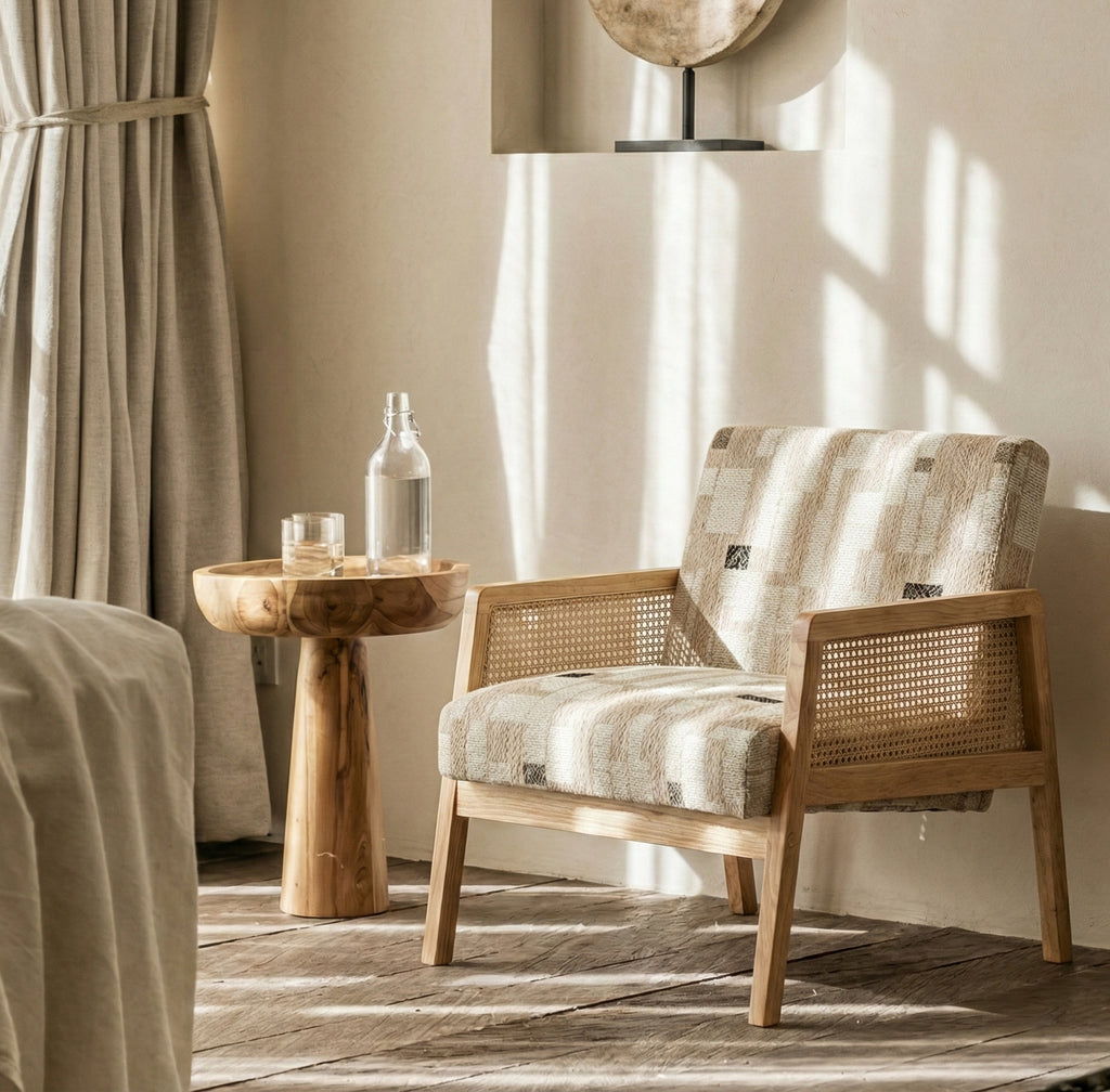 Cyber Homemake ● Sillón Individual con Diseño de Ratán Tejido y Estructura de Madera (Beige)