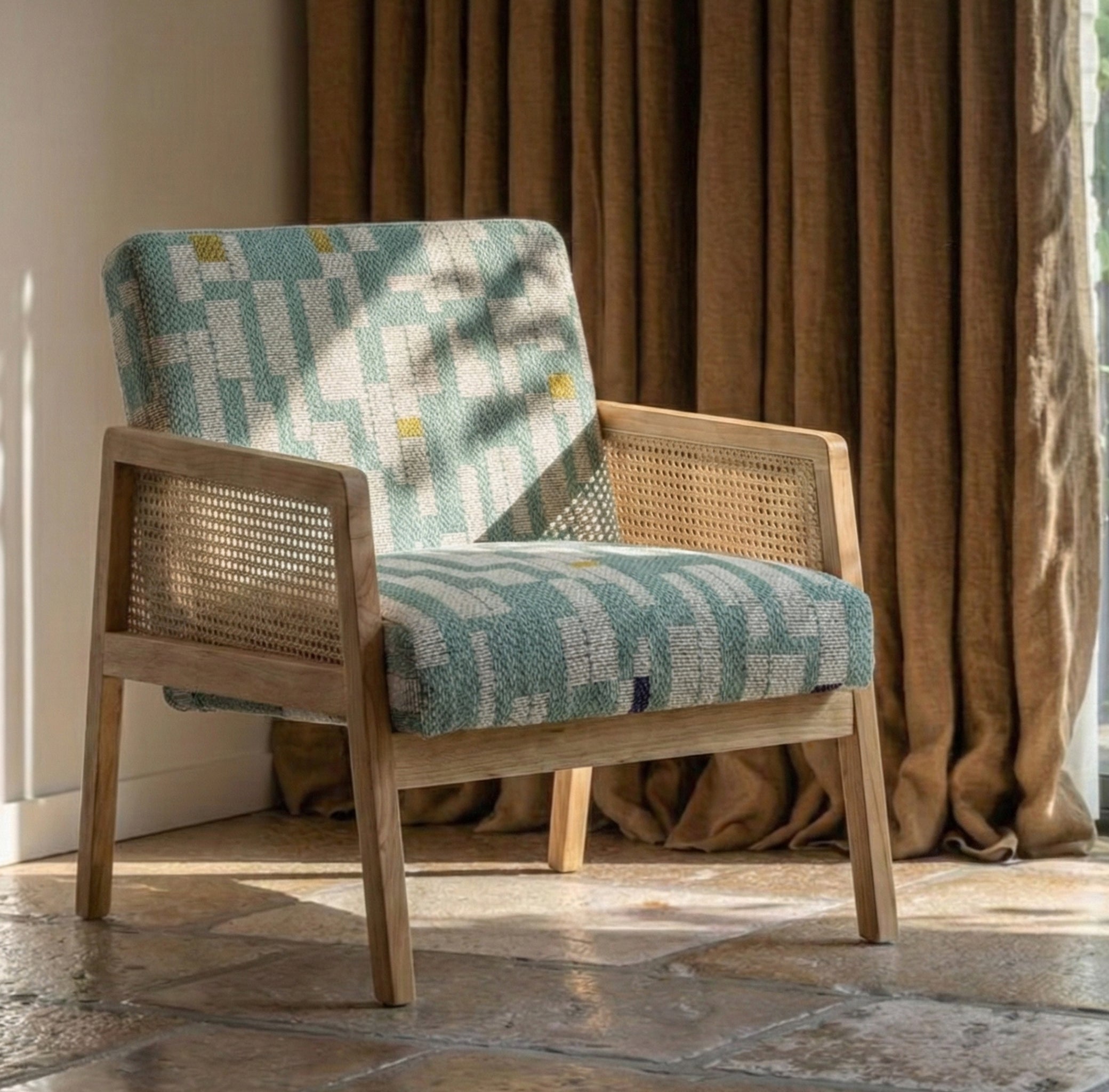 Cyber Home Make ● Sillón Individual con Diseño de Ratán Tejido y Estructura de Madera (Azul)