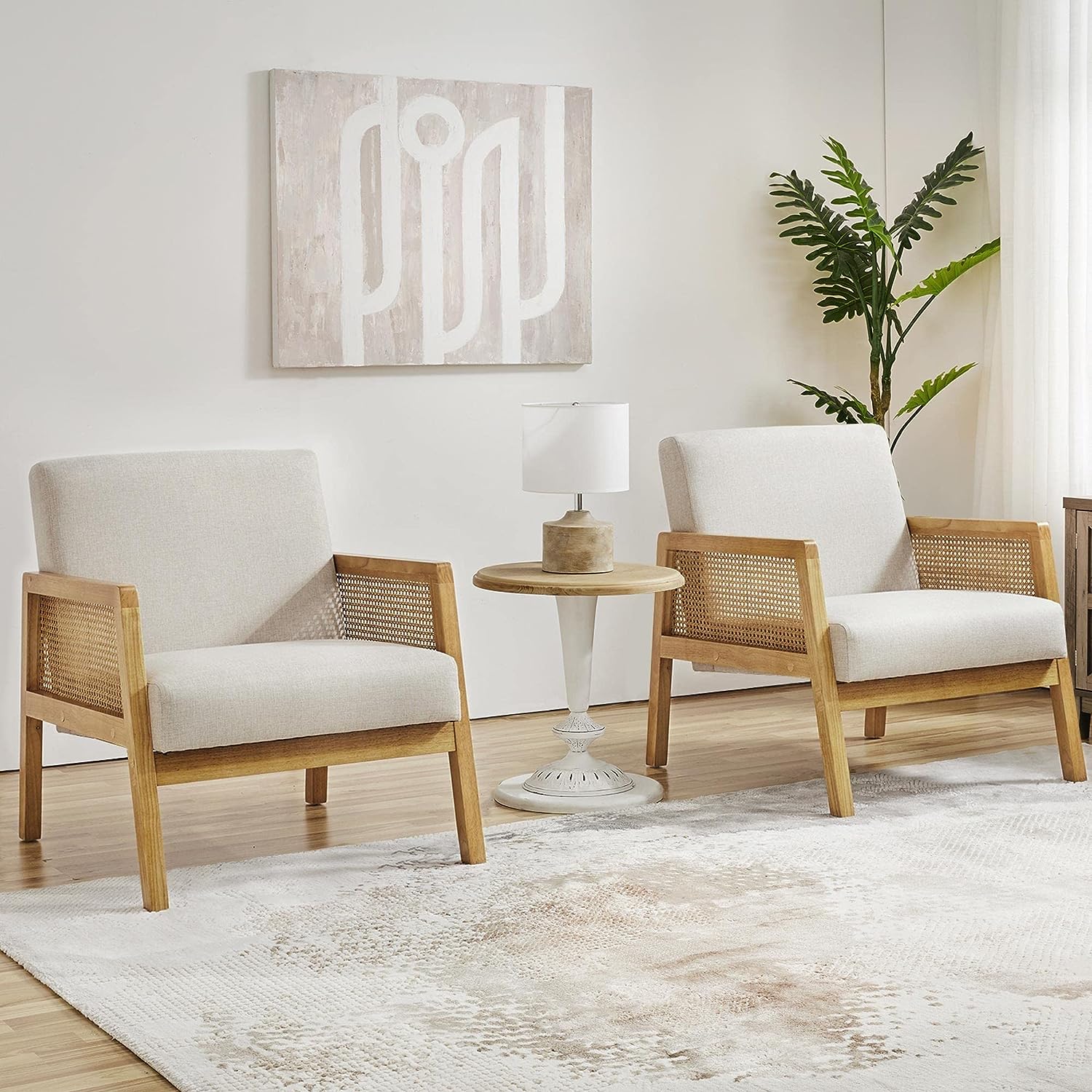 Sillón Moderno con Estructura de Madera de Ratán Juego de 2 (Beige)