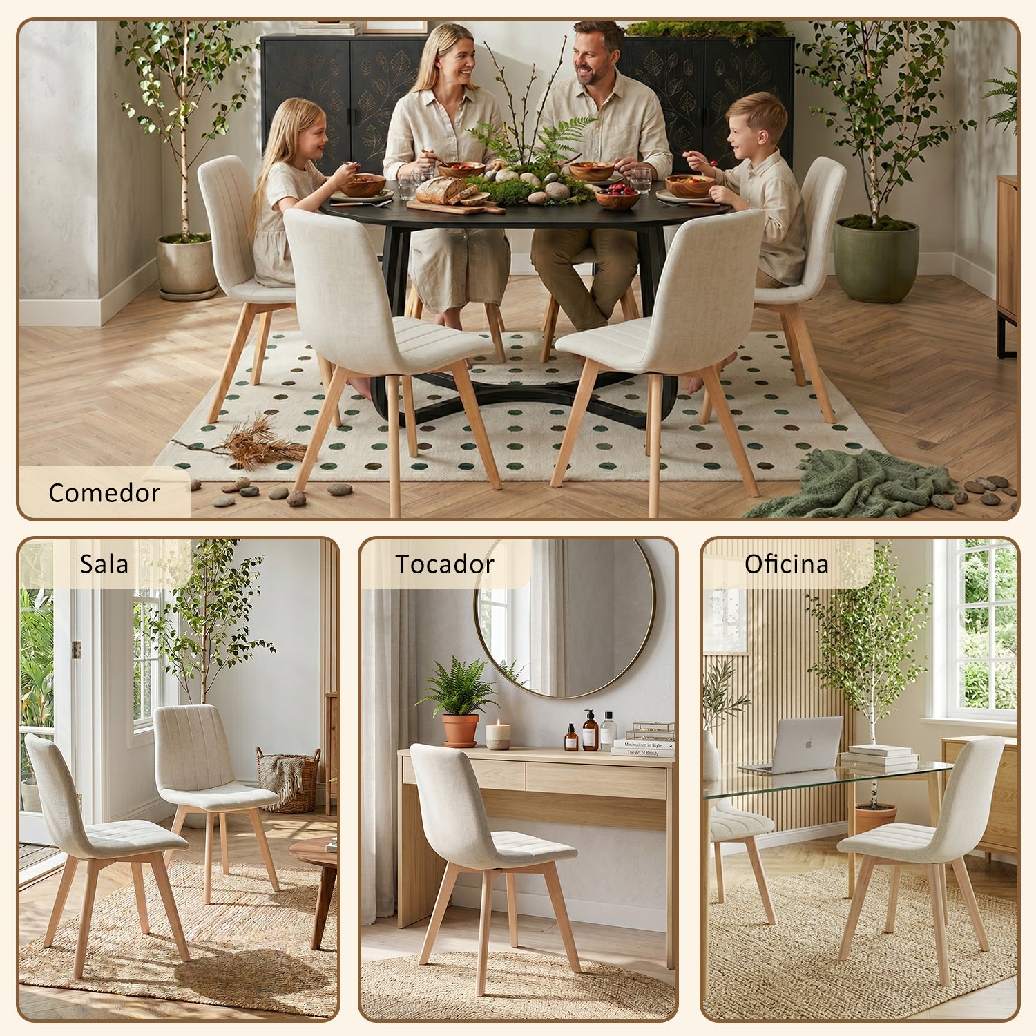 Juego de Sillas de Comedor Nórdicas de Madera - 2 Piezas (Beige)