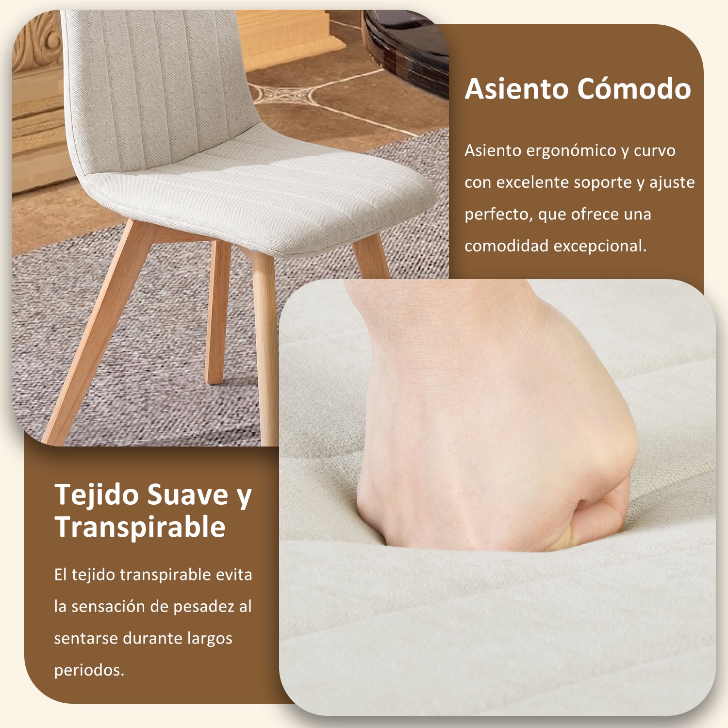 Juego de Sillas de Comedor Nórdicas de Madera - 2 Piezas (Beige)