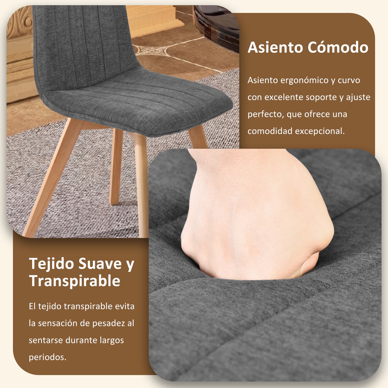 Juego de Sillas de Comedor Nórdicas de Madera - 2 Piezas (Gris)