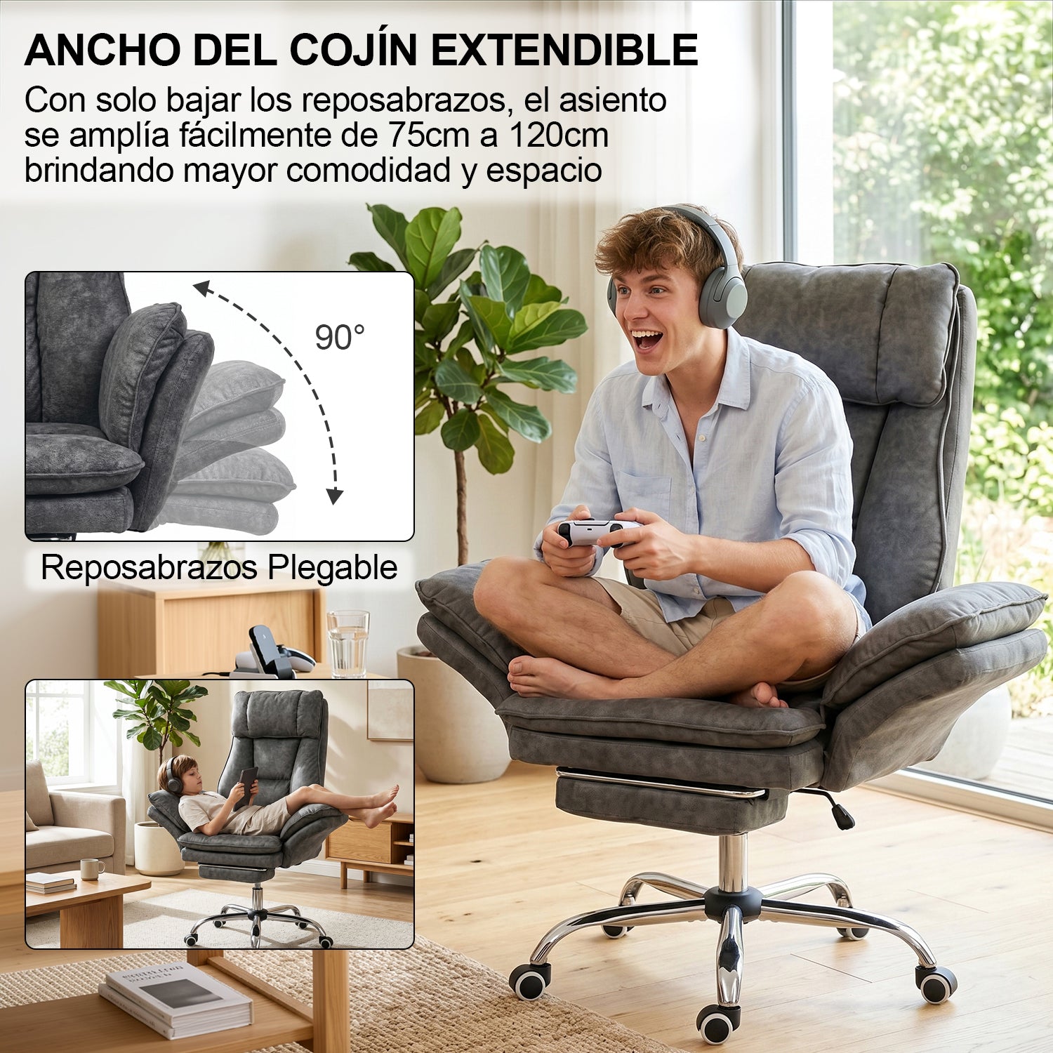 Silla de Oficina de Peluche Reclinable con Brazos Abatibles para Sentarte con Piernas Cruzadas (Gris)