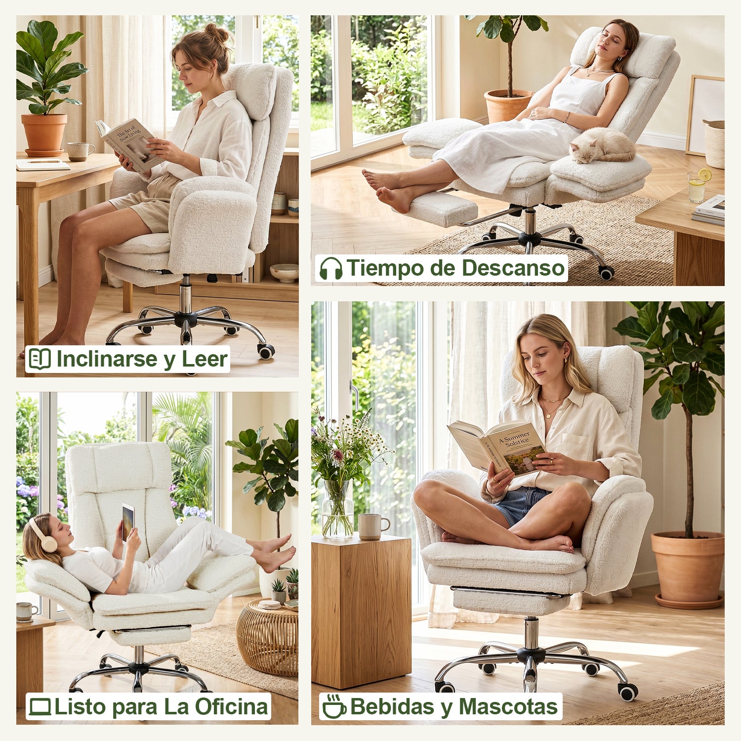 Silla de Oficina de Peluche Reclinable con Brazos Abatibles para Sentarte con Piernas Cruzadas