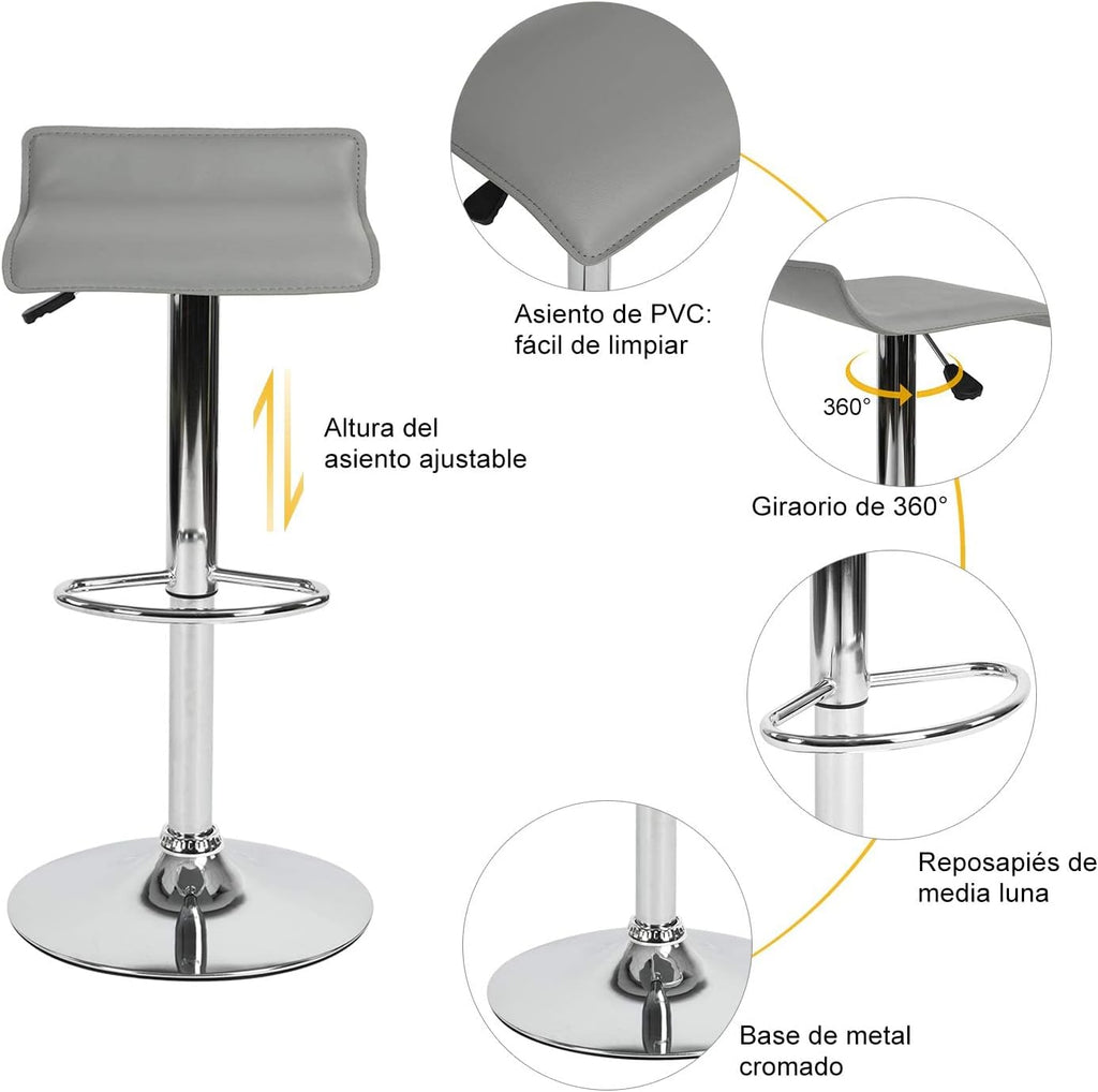 Juego de 2 Taburetes de Bar de Diseño Moderno Ajustables y Giratorios con Cojín de Asiento AerodináMico Gris