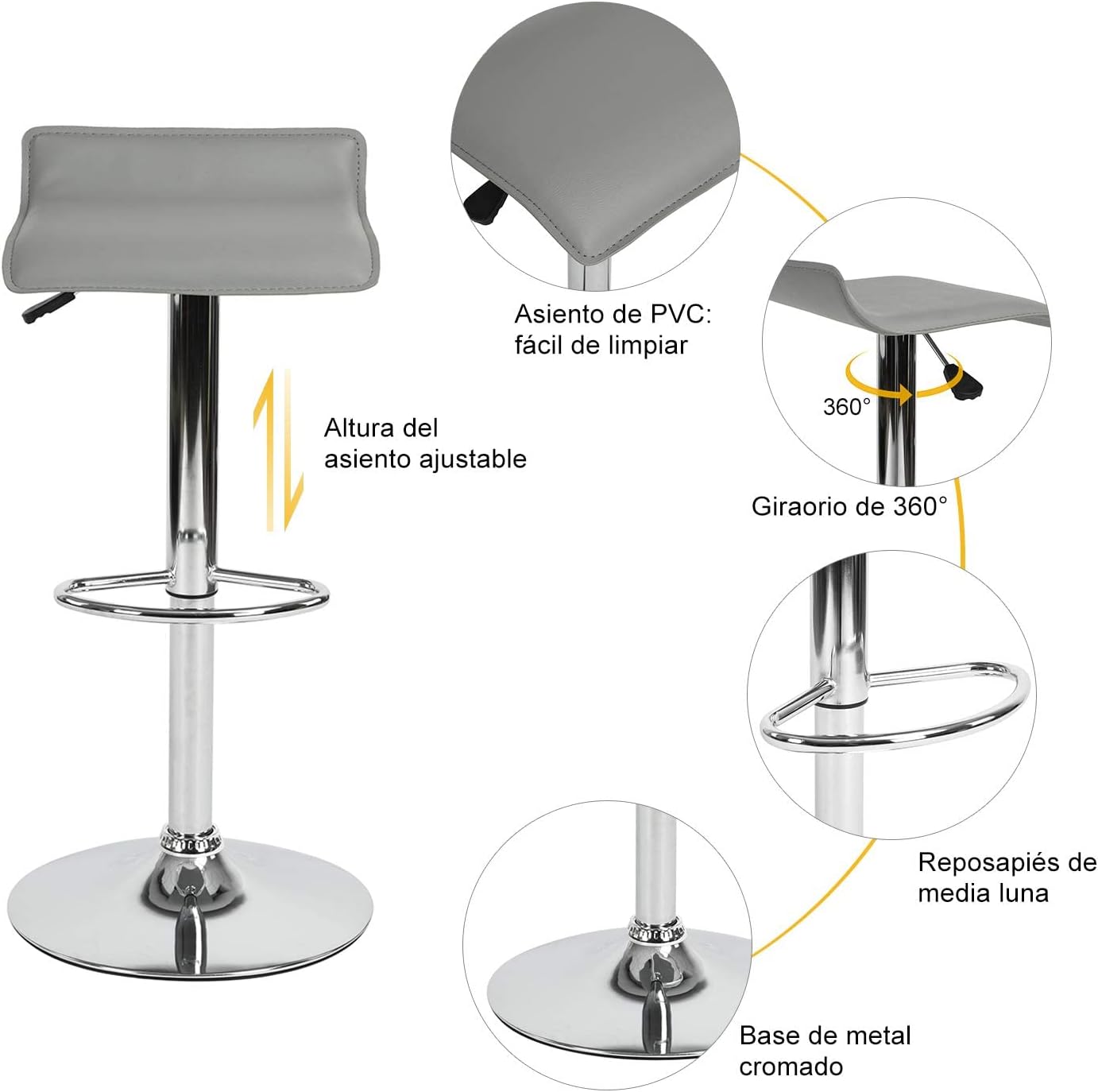 Juego de 2 Taburetes de Bar de Diseño Moderno Ajustables y Giratorios con Cojín de Asiento AerodináMico Gris