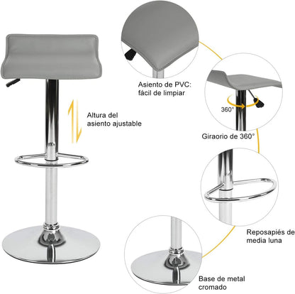 Juego de 2 Taburetes de Bar de Diseño Moderno Ajustables y Giratorios con Cojín de Asiento AerodináMico Gris