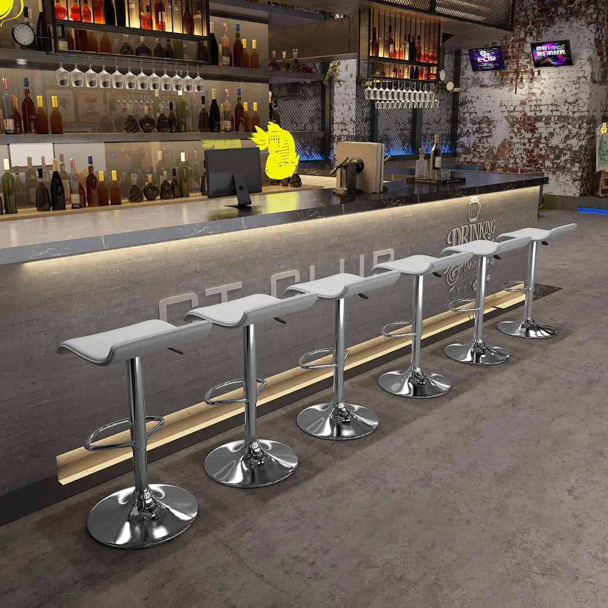 Juego de 2 Taburetes de Bar de Diseño Moderno Ajustables y Giratorios con Cojín de Asiento Aerodinámico Negro Blanco