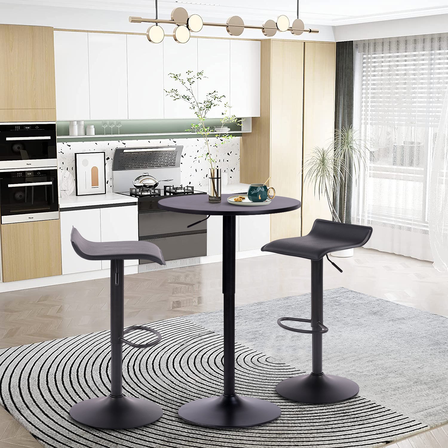 Juego de 2 Taburetes de Bar de Diseño Moderno Ajustables y Giratorios con Cojín de Asiento Aerodinámico Todo Negro