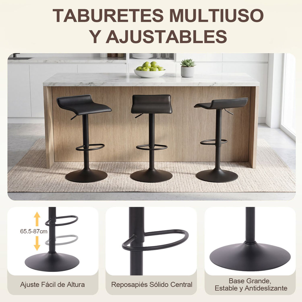 Juego de 2 Taburetes de Bar de Diseño Moderno Ajustables y Giratorios con Cojín de Asiento Aerodinámico Todo Negro