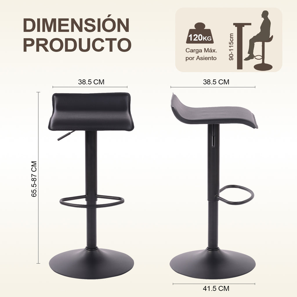 Juego de 2 Taburetes de Bar de Diseño Moderno Ajustables y Giratorios con Cojín de Asiento Aerodinámico Todo Negro