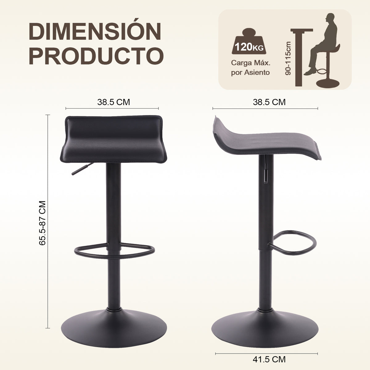 Juego de 2 Taburetes de Bar de Diseño Moderno Ajustables y Giratorios con Cojín de Asiento Aerodinámico Todo Negro