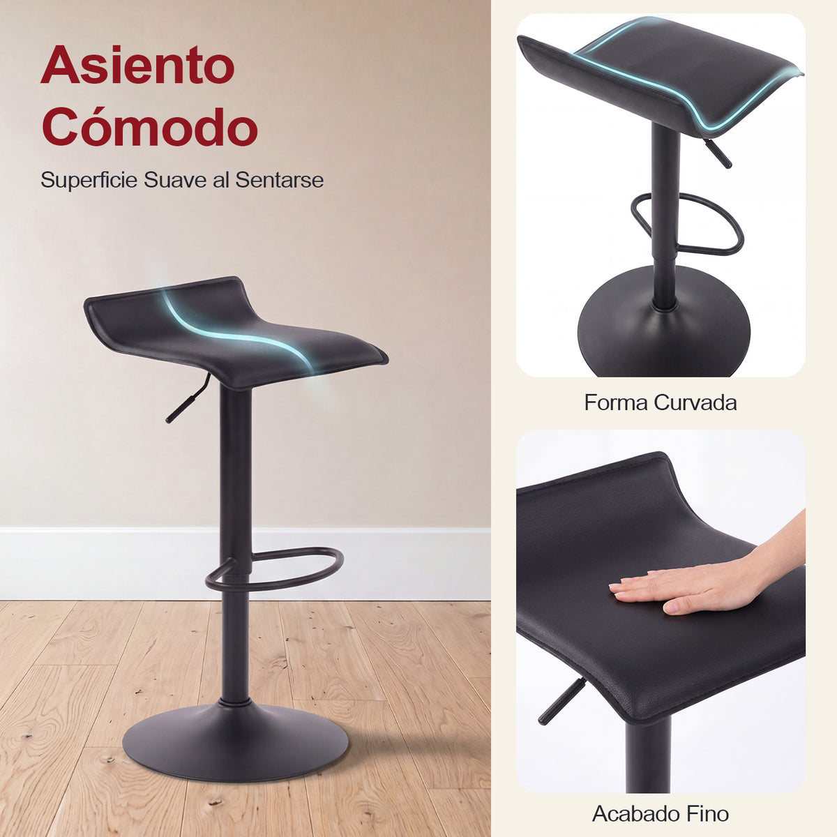 Juego de 2 Taburetes de Bar de Diseño Moderno Ajustables y Giratorios con Cojín de Asiento Aerodinámico Todo Negro