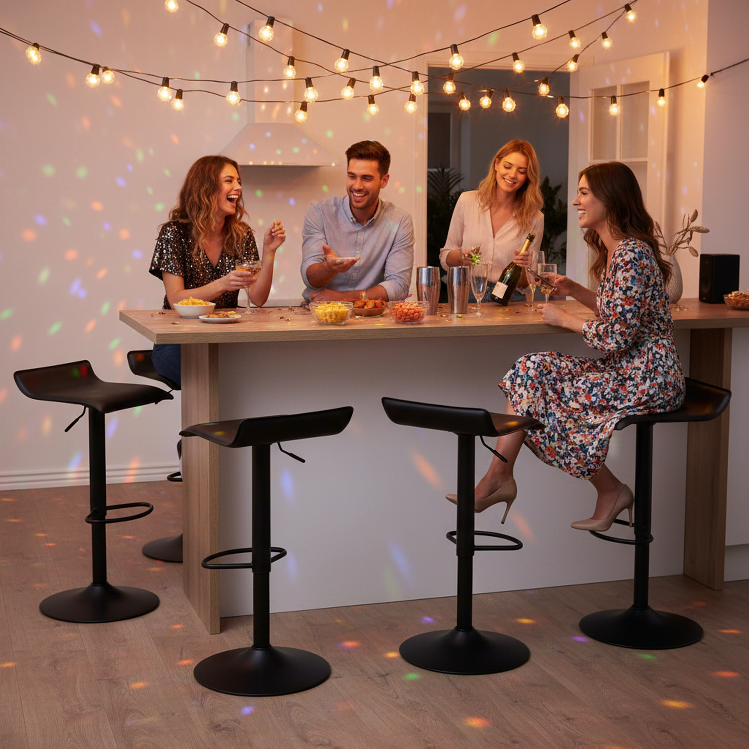 Juego de 2 Taburetes de Bar de Diseño Moderno Ajustables y Giratorios con Cojín de Asiento Aerodinámico Todo Negro