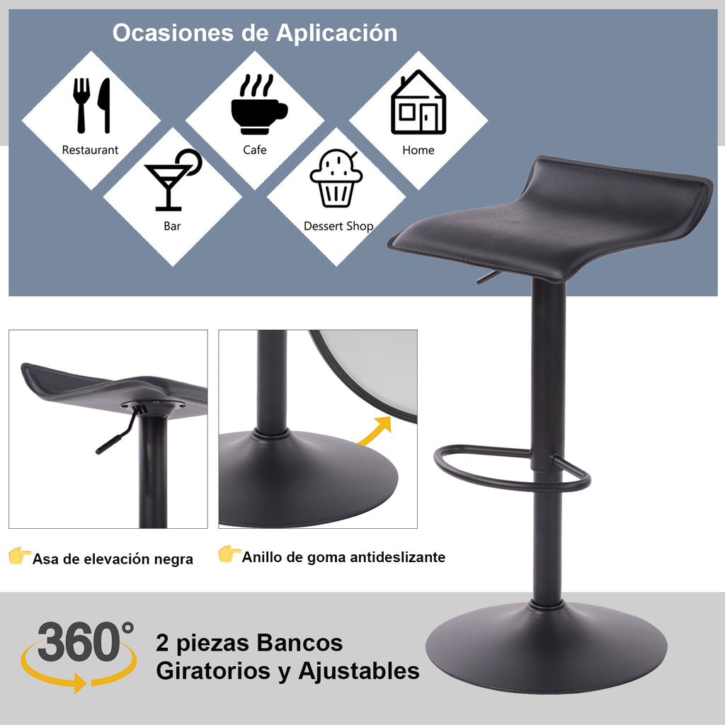 Juego de 2 Taburetes de Bar de Diseño Moderno Ajustables y Giratorios con Cojín de Asiento Aerodinámico Todo Negro