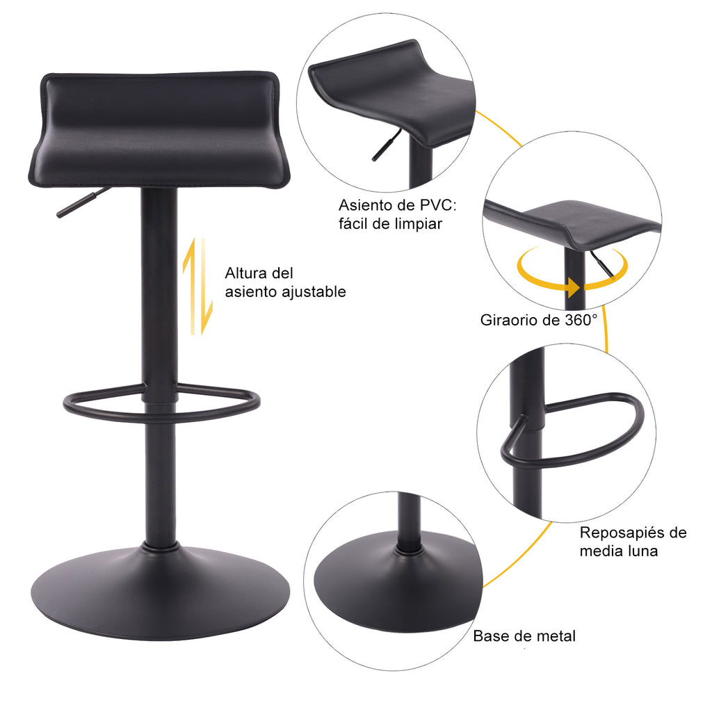 Juego de 2 Taburetes de Bar de Diseño Moderno Ajustables y Giratorios con Cojín de Asiento Aerodinámico Todo Negro