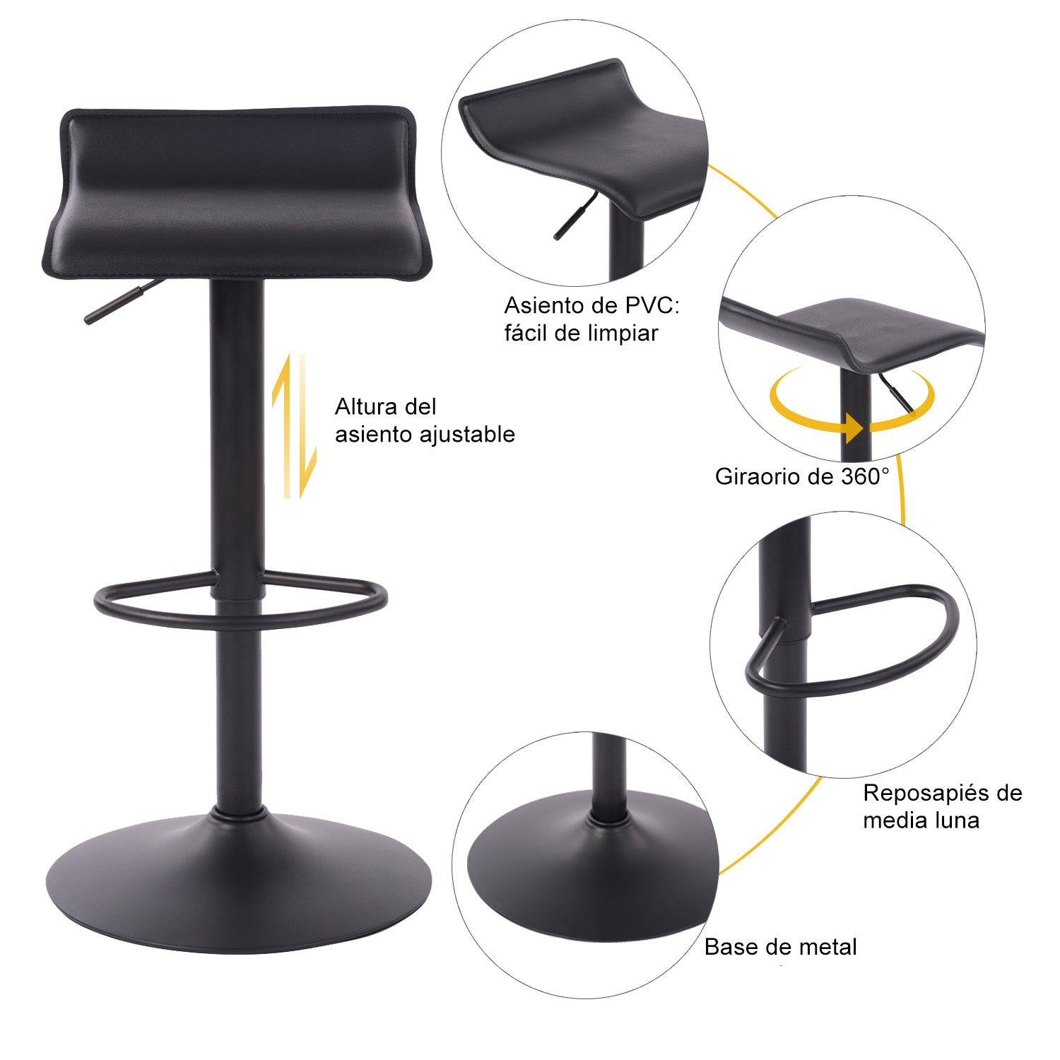 Juego de 2 Taburetes de Bar de Diseño Moderno Ajustables y Giratorios con Cojín de Asiento Aerodinámico Todo Negro