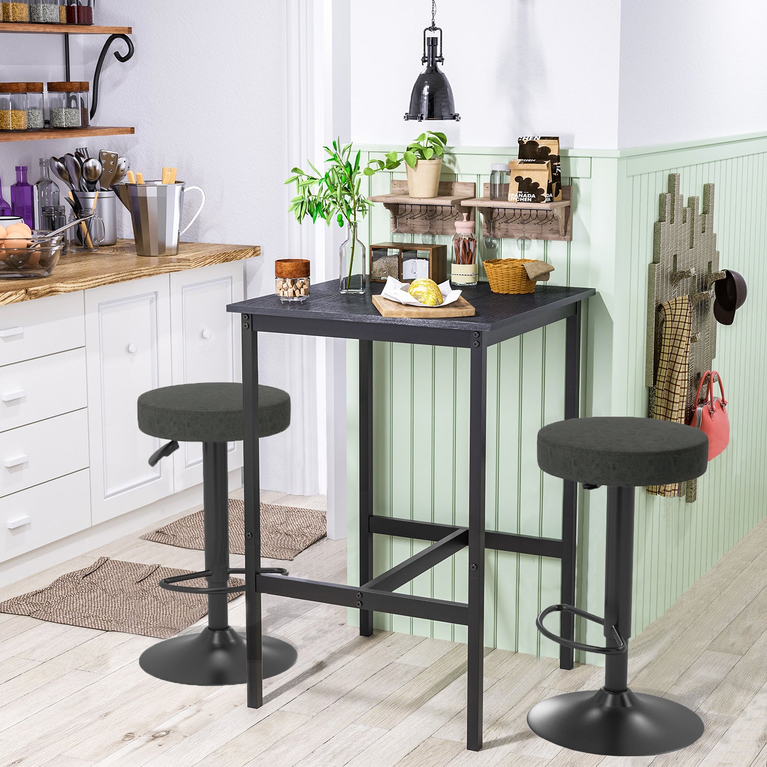 Juego de 2 Taburetes de Bar para Cocina Giratorios 360° y con Altura Ajustable Tela Impermeable Vintage Negro