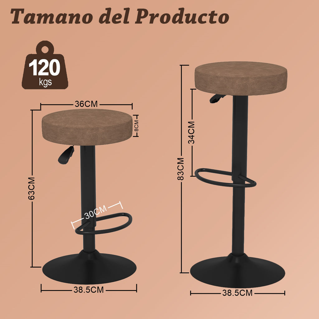 Juego de 2 Taburetes de Bar para Cocina Giratorios 360° y con Altura Ajustable Tela Impermeable Vintage Marrón