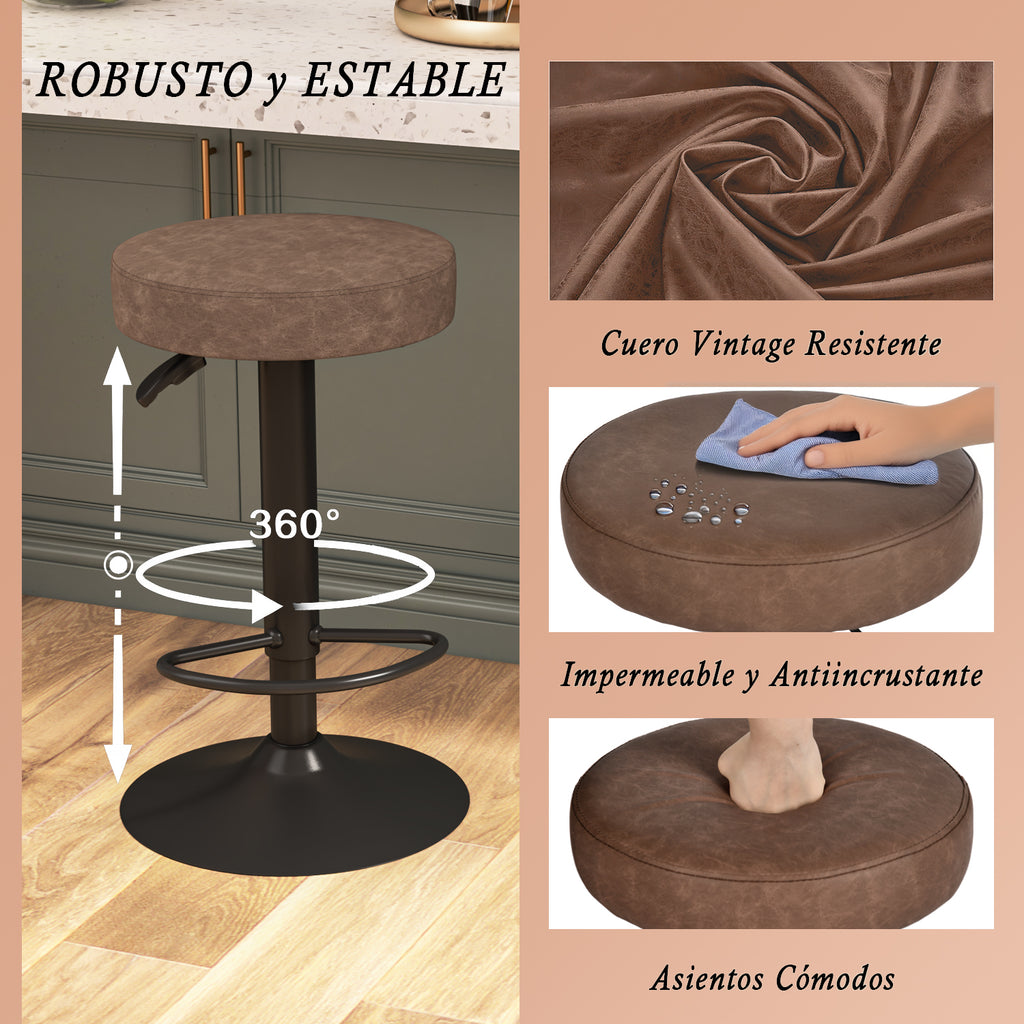 Juego de 2 Taburetes de Bar para Cocina Giratorios 360° y con Altura Ajustable Tela Impermeable Vintage Marrón