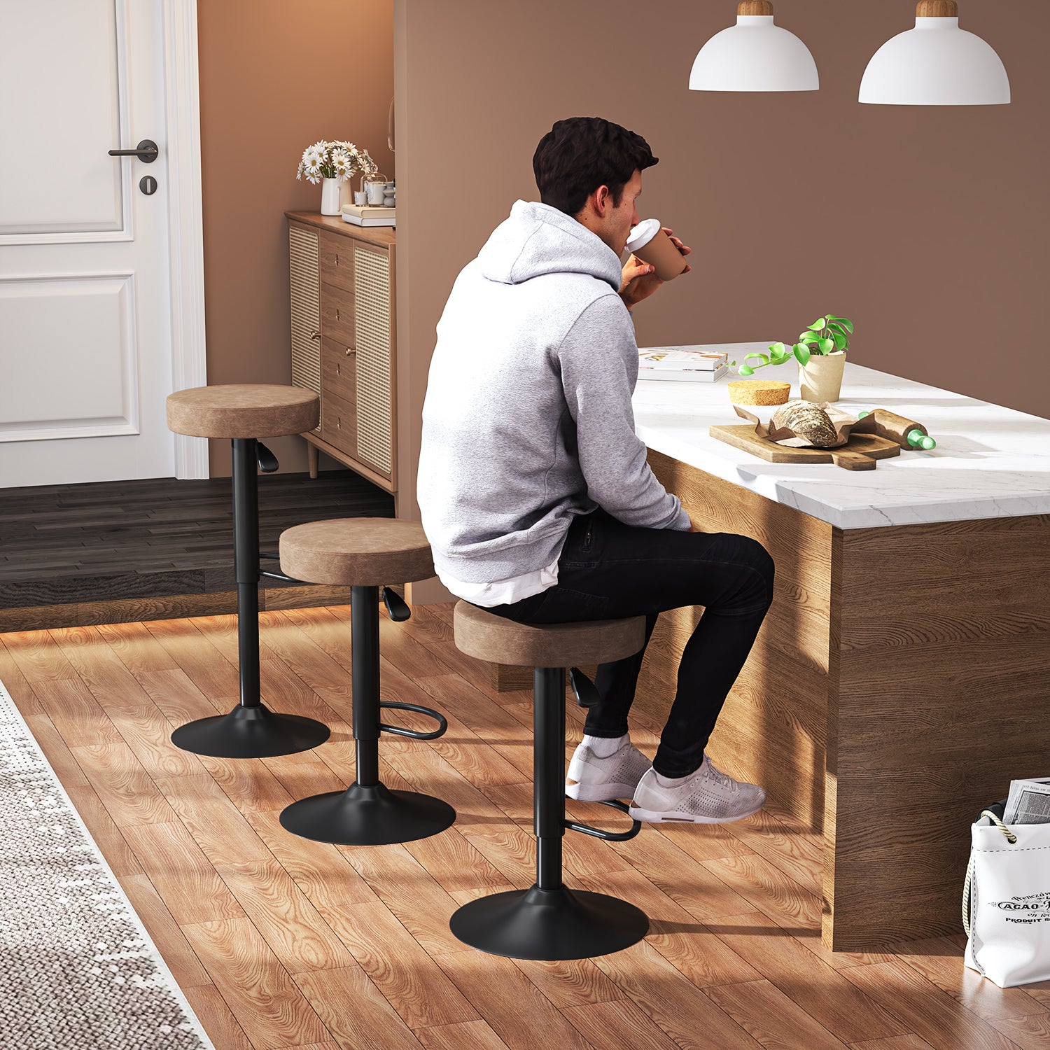 Juego de 2 Taburetes de Bar para Cocina Giratorios 360° y con Altura Ajustable Tela Impermeable Vintage Marrón