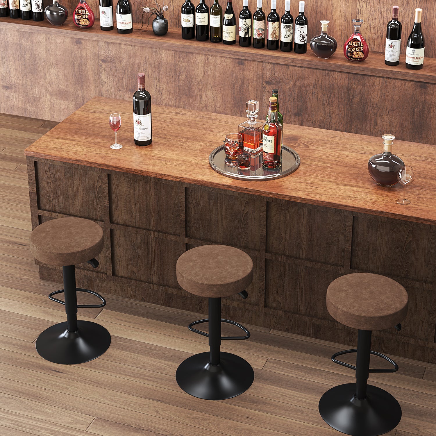 Juego de 2 Taburetes de Bar para Cocina Giratorios 360° y con Altura Ajustable Tela Impermeable Vintage Marrón