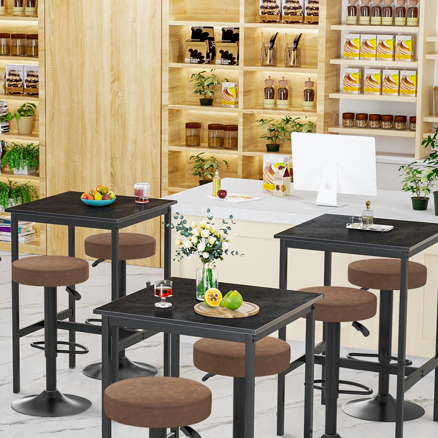 Juego de 2 Taburetes de Bar para Cocina Giratorios 360° y con Altura Ajustable Tela Impermeable Vintage Marrón