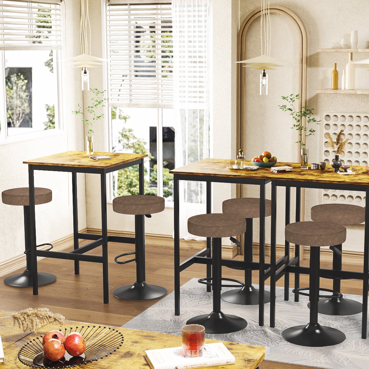 Juego de 2 Taburetes de Bar para Cocina Giratorios 360° y con Altura Ajustable Tela Impermeable Vintage Marrón