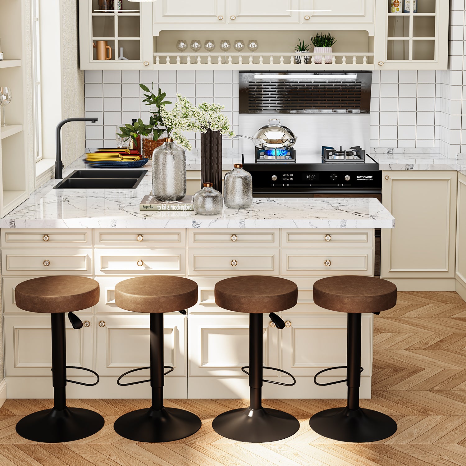 Juego de 2 Taburetes de Bar para Cocina Giratorios 360° y con Altura Ajustable Tela Impermeable Vintage Marrón