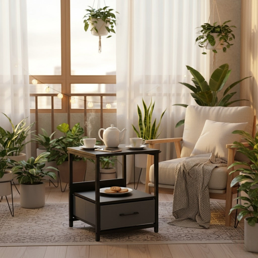 Burós Mesita de Noche Mesita Auxiliar con Cajón Extraíble de Bolsillo de Tela para Dormitorio y Salón Negro