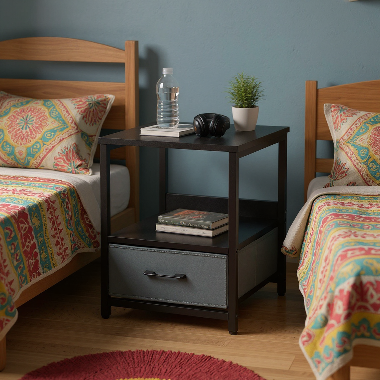 Burós Mesita de Noche Mesita Auxiliar con Cajón Extraíble de Bolsillo de Tela para Dormitorio y Salón Negro