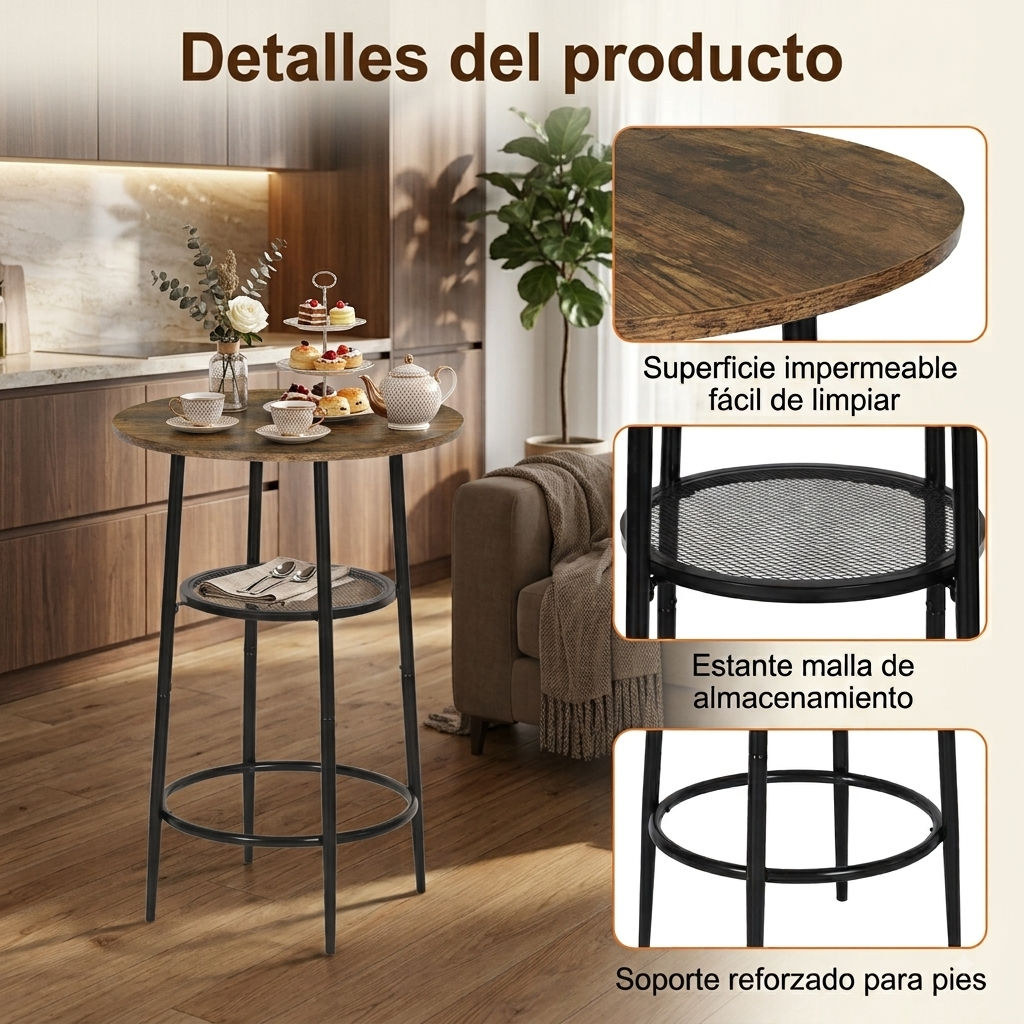 Mesa de Bar Redonda Moderna de Dos Niveles con Patas de Metal Vintage