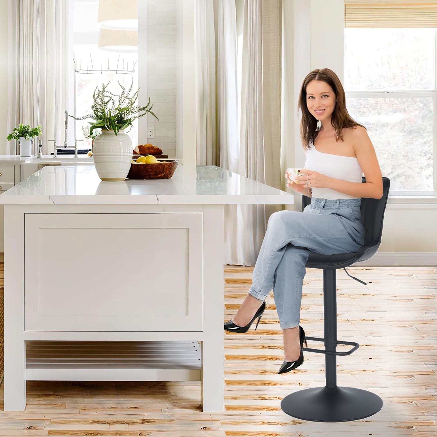 Juego de 2 Taburetes de Bar Ajustables y Giratorios Negro