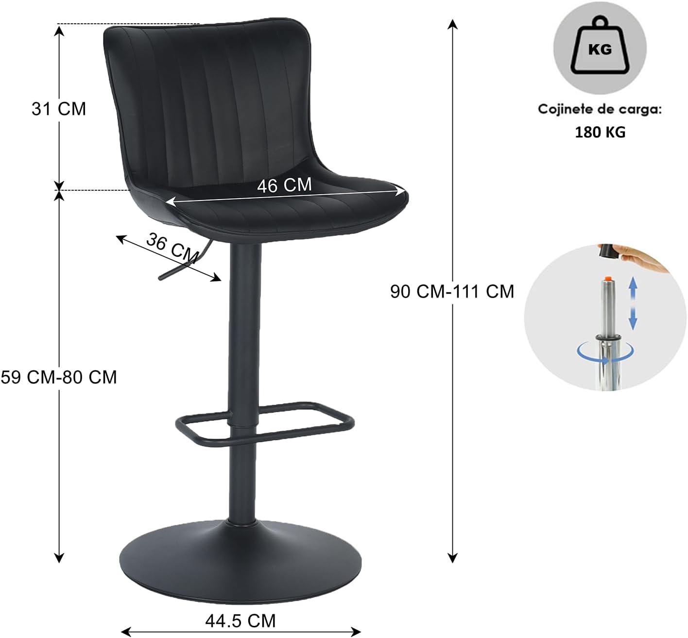 Juego de 2 Taburetes de Bar Ajustables y Giratorios Negro