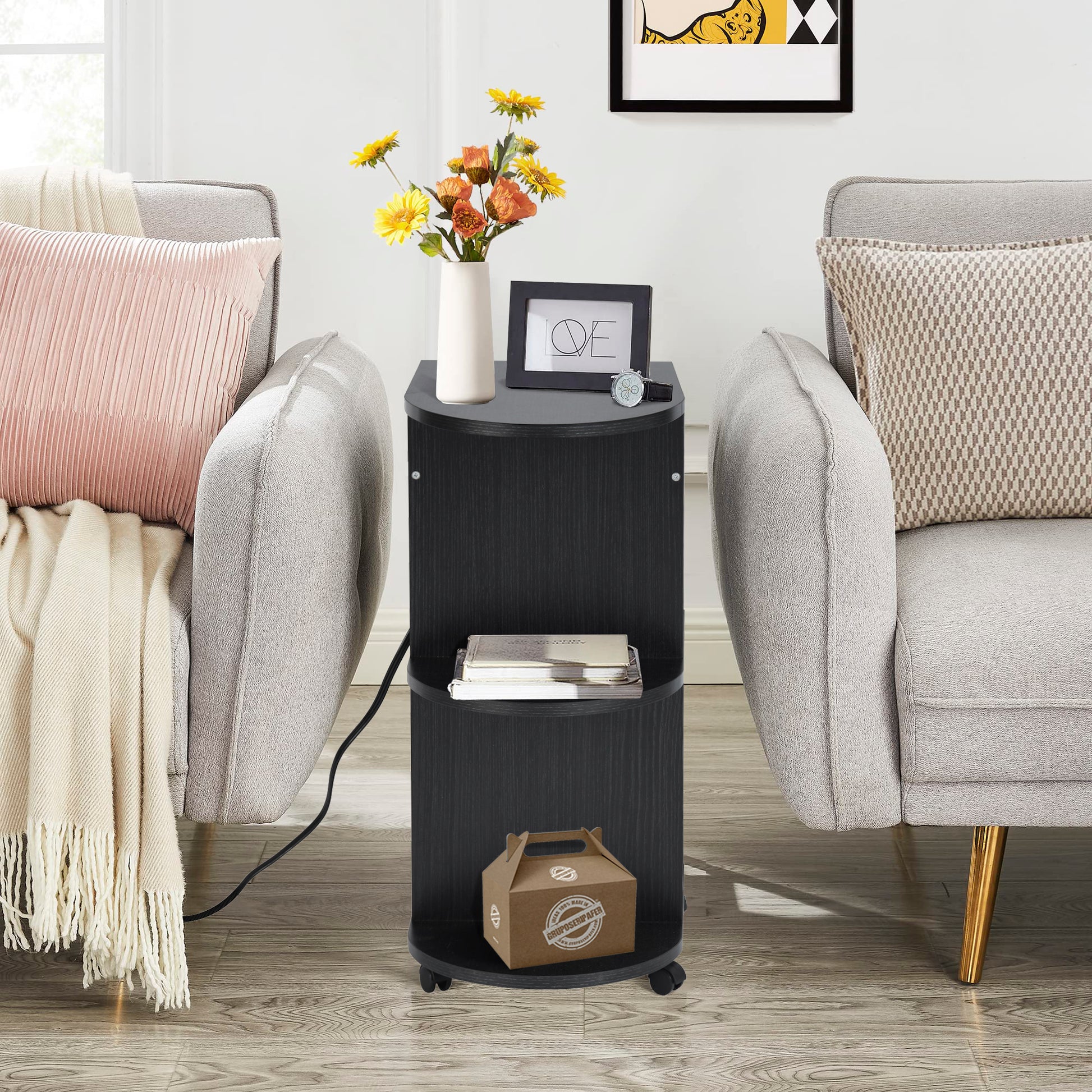 Mesita de Noche con Ruedas y Almacenamiento con Ruedas Bloqueables y Puerto USB Negro