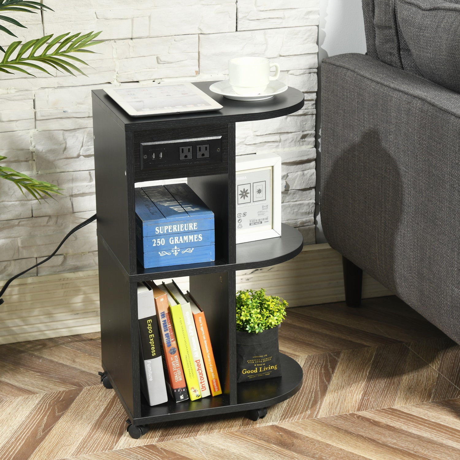 Mesita de Noche con Ruedas y Almacenamiento con Ruedas Bloqueables y Puerto USB Negro