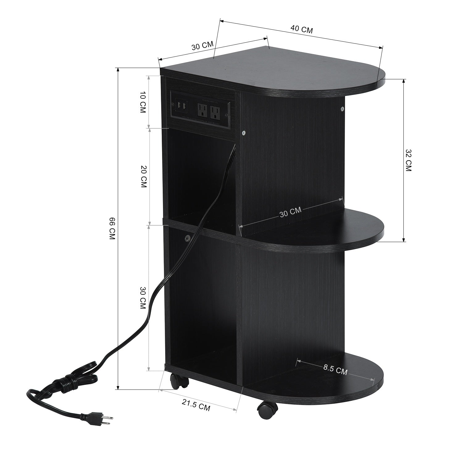 Mesita de Noche con Ruedas y Almacenamiento con Ruedas Bloqueables y Puerto USB Negro