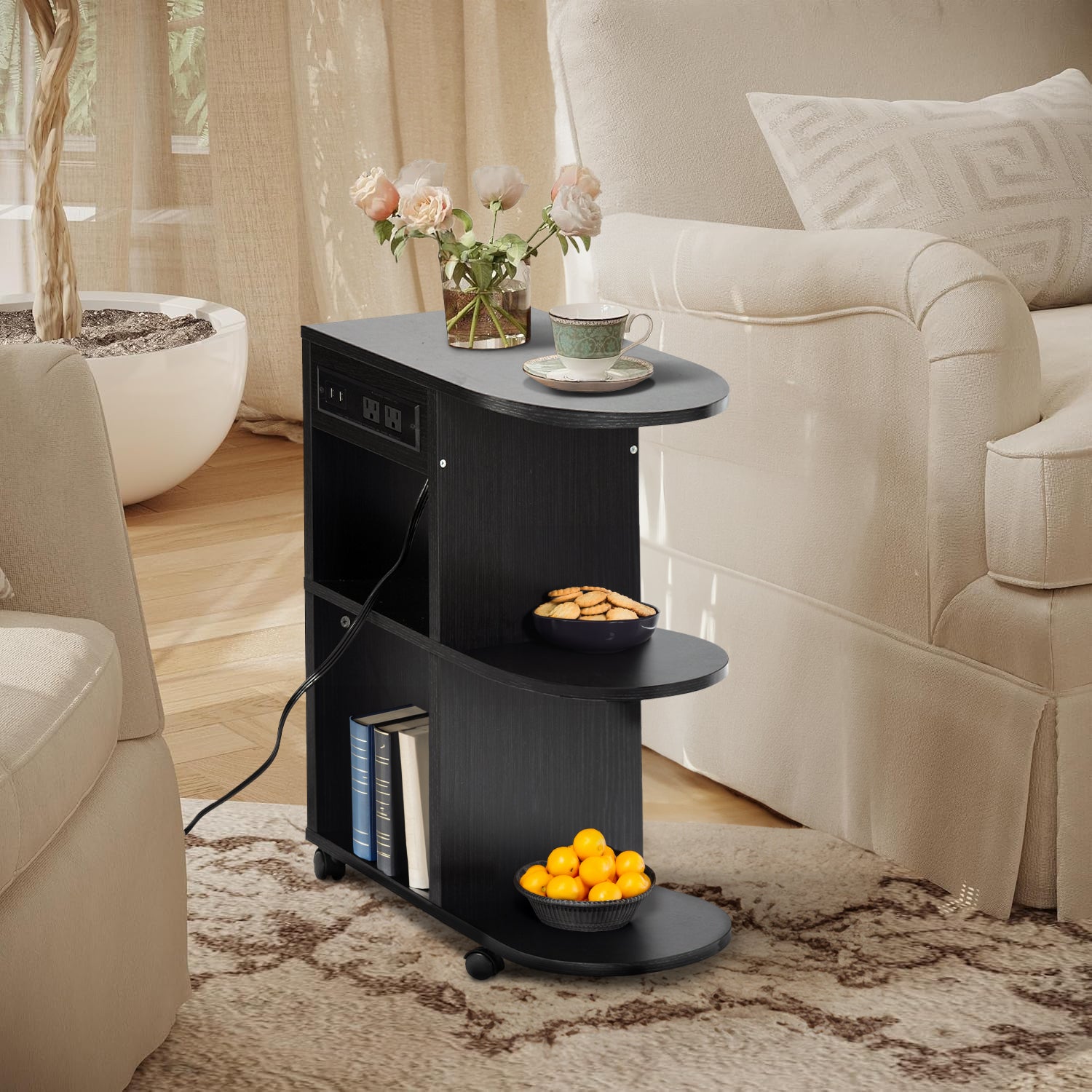 Mesita de Noche con Ruedas y Almacenamiento con Ruedas Bloqueables y Puerto USB Negro