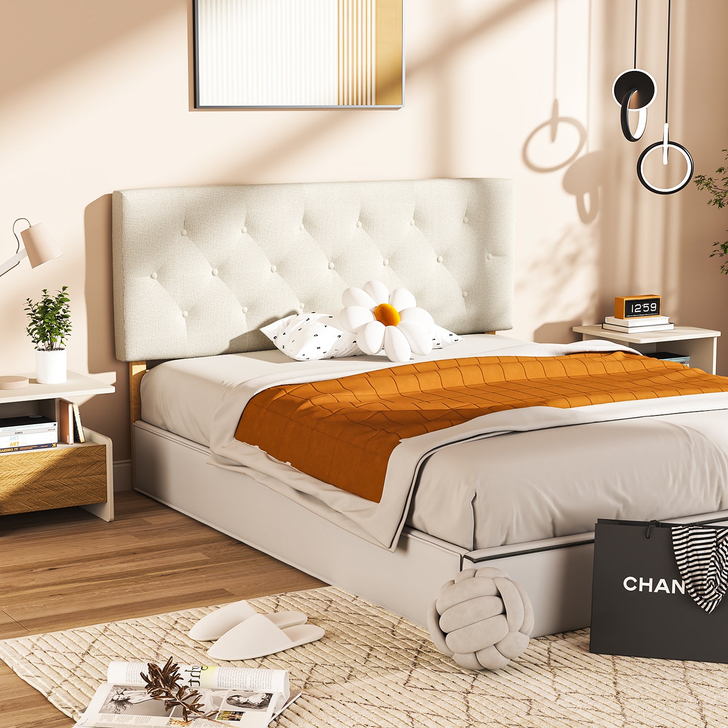 Cabecera de Cama Queen Tapizada con Altura Ajustable Patas de Madera Acolchada (Beige)