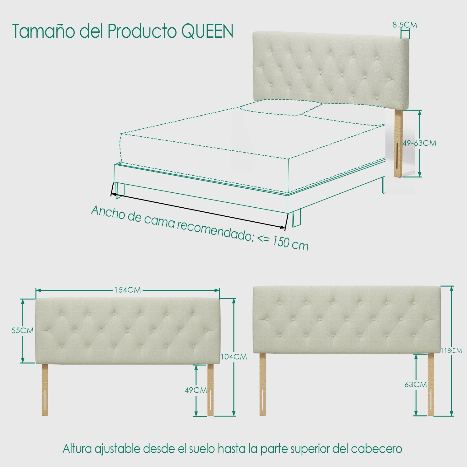 Cabecera de Cama Queen Tapizada con Altura Ajustable Patas de Madera Acolchada (Beige)