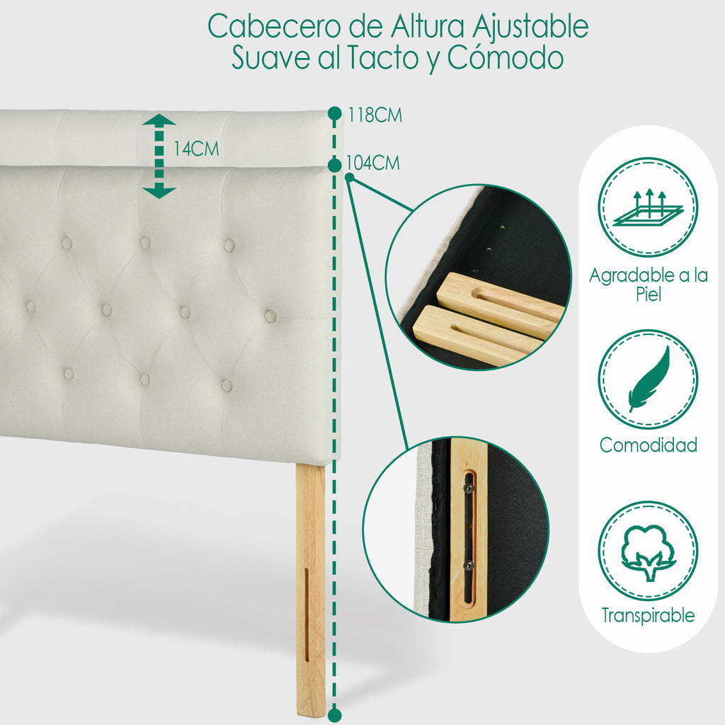 Cabecera de Cama Queen Tapizada con Altura Ajustable Patas de Madera Acolchada (Beige)