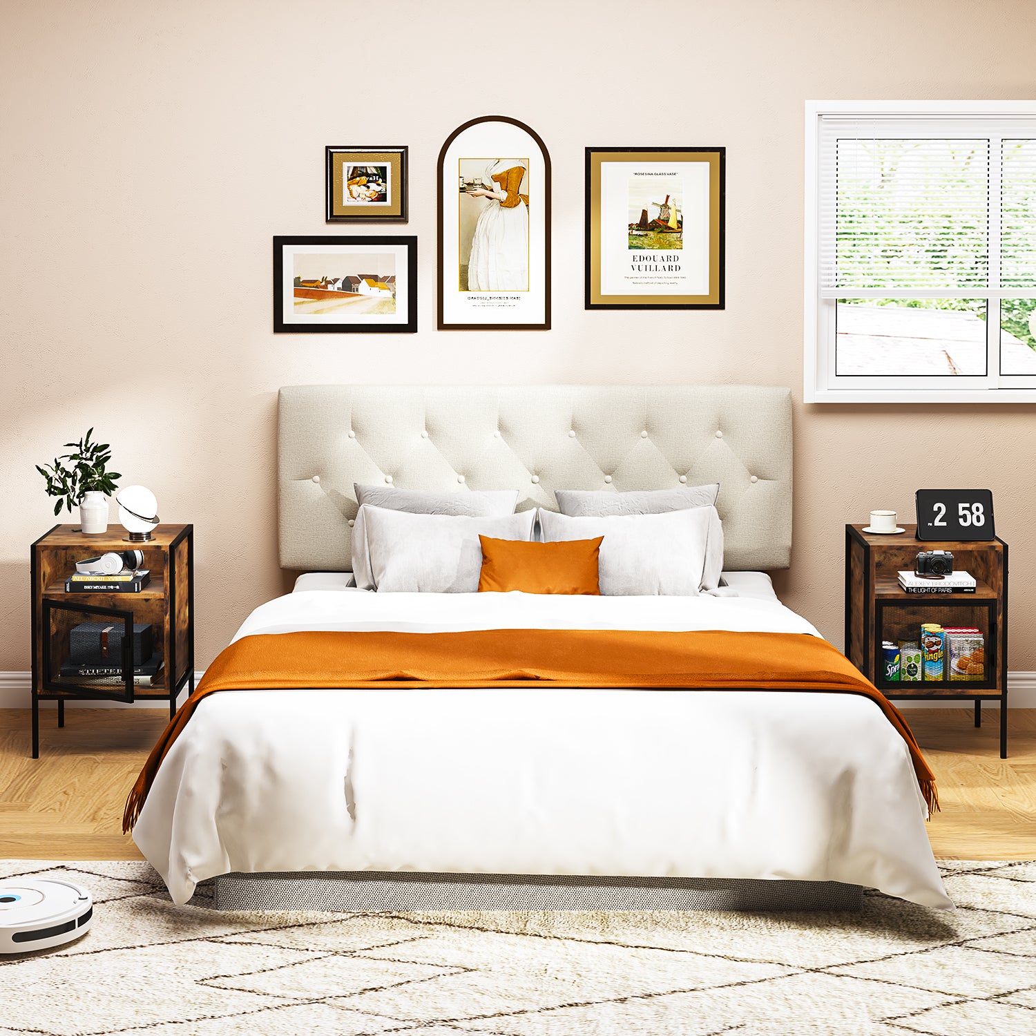 Cabecera de Cama Queen Tapizada con Altura Ajustable Patas de Madera Acolchada (Beige)