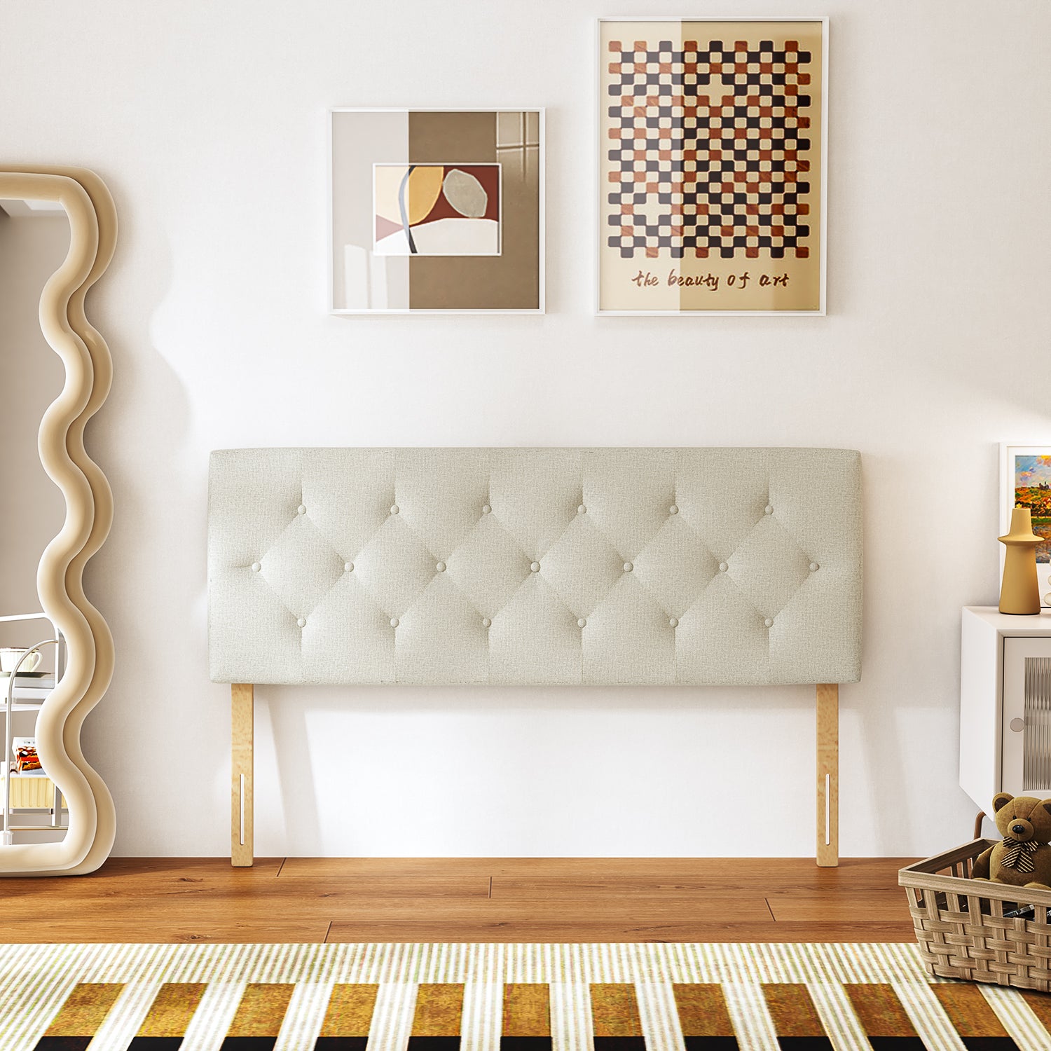 Cabecera de Cama Queen Tapizada con Altura Ajustable Patas de Madera Acolchada (Beige)