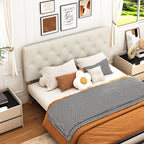 Cabecera de Cama Queen Tapizada con Altura Ajustable Patas de Madera Acolchada (Beige)
