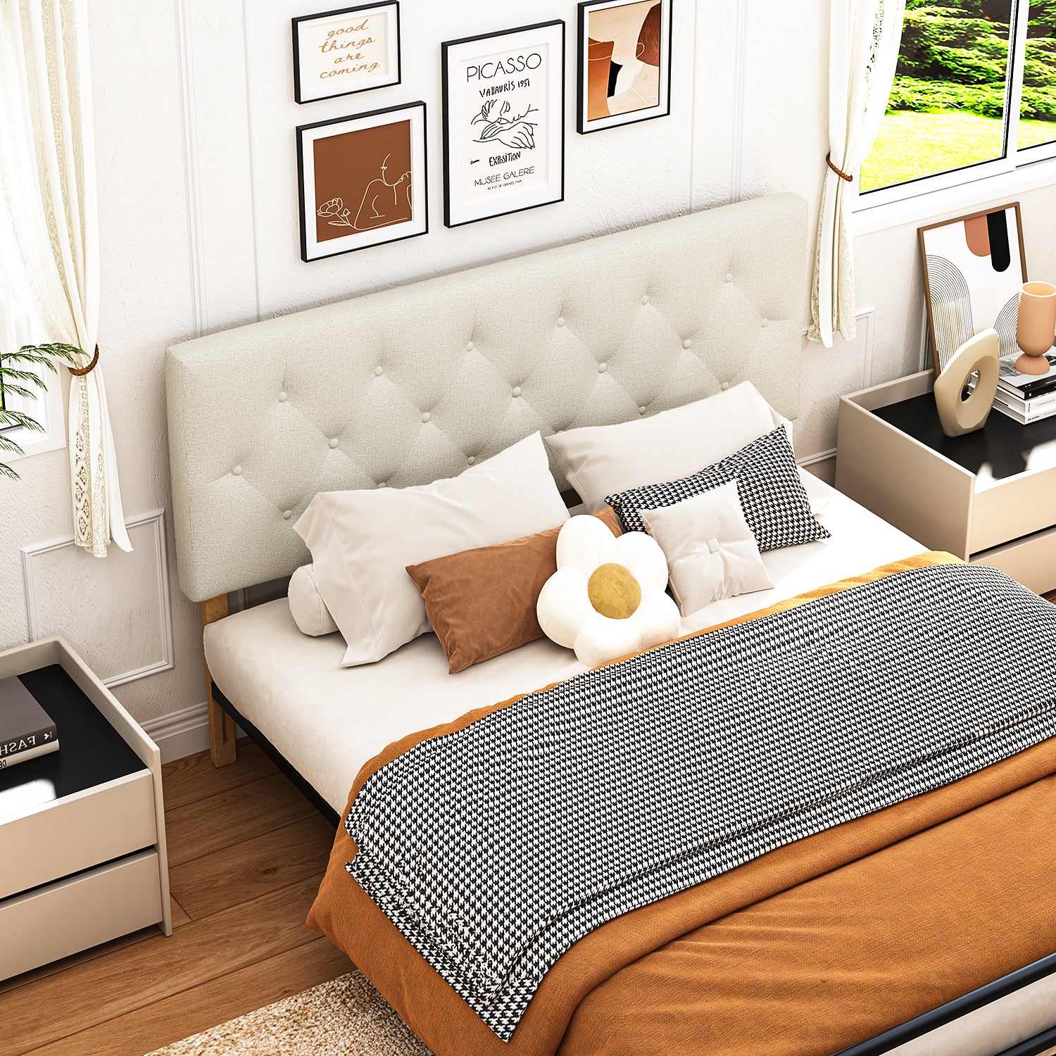 Cabecera de Cama Queen Tapizada con Altura Ajustable Patas de Madera Acolchada (Beige)