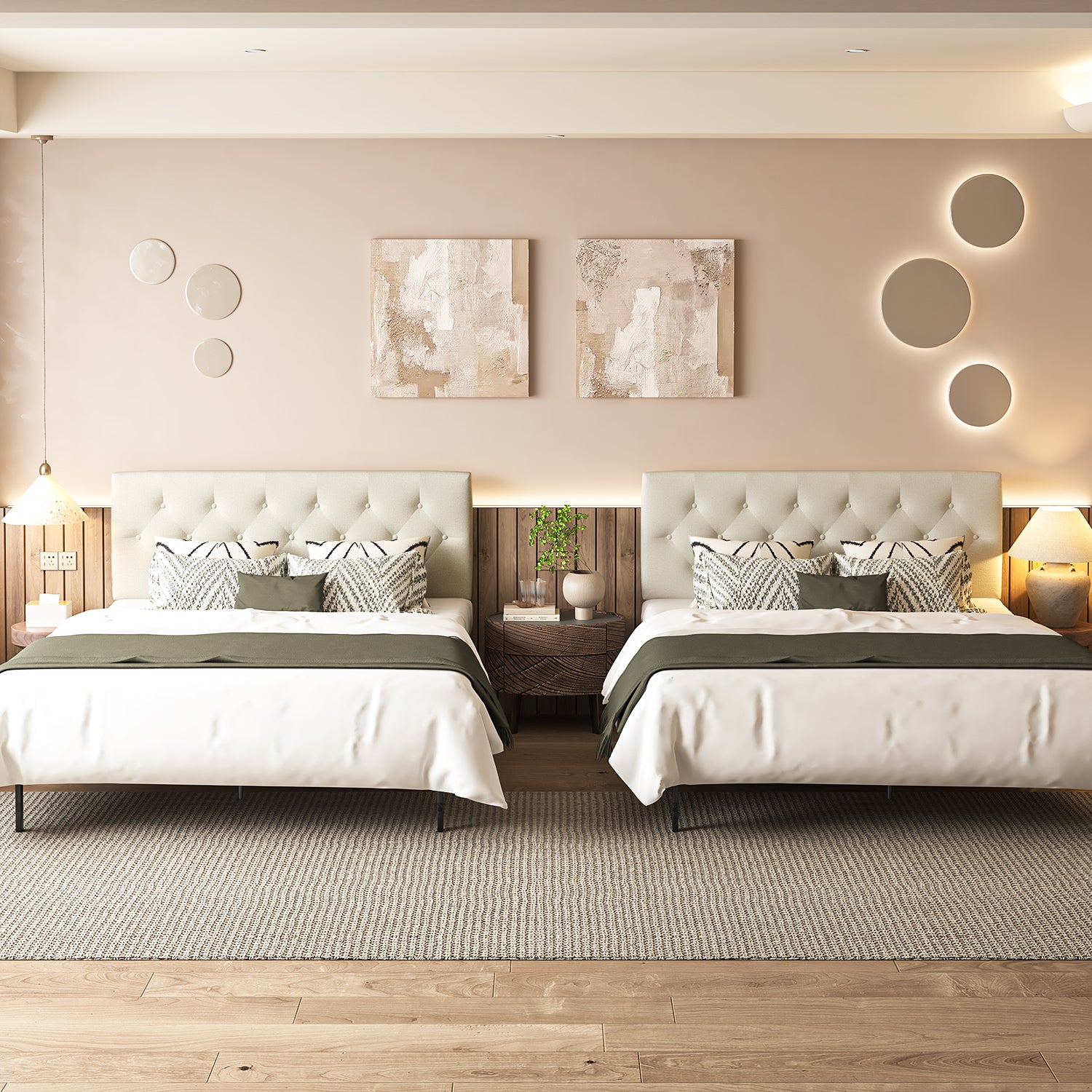 Cabecera de Cama Queen Tapizada con Altura Ajustable Patas de Madera Acolchada (Beige)