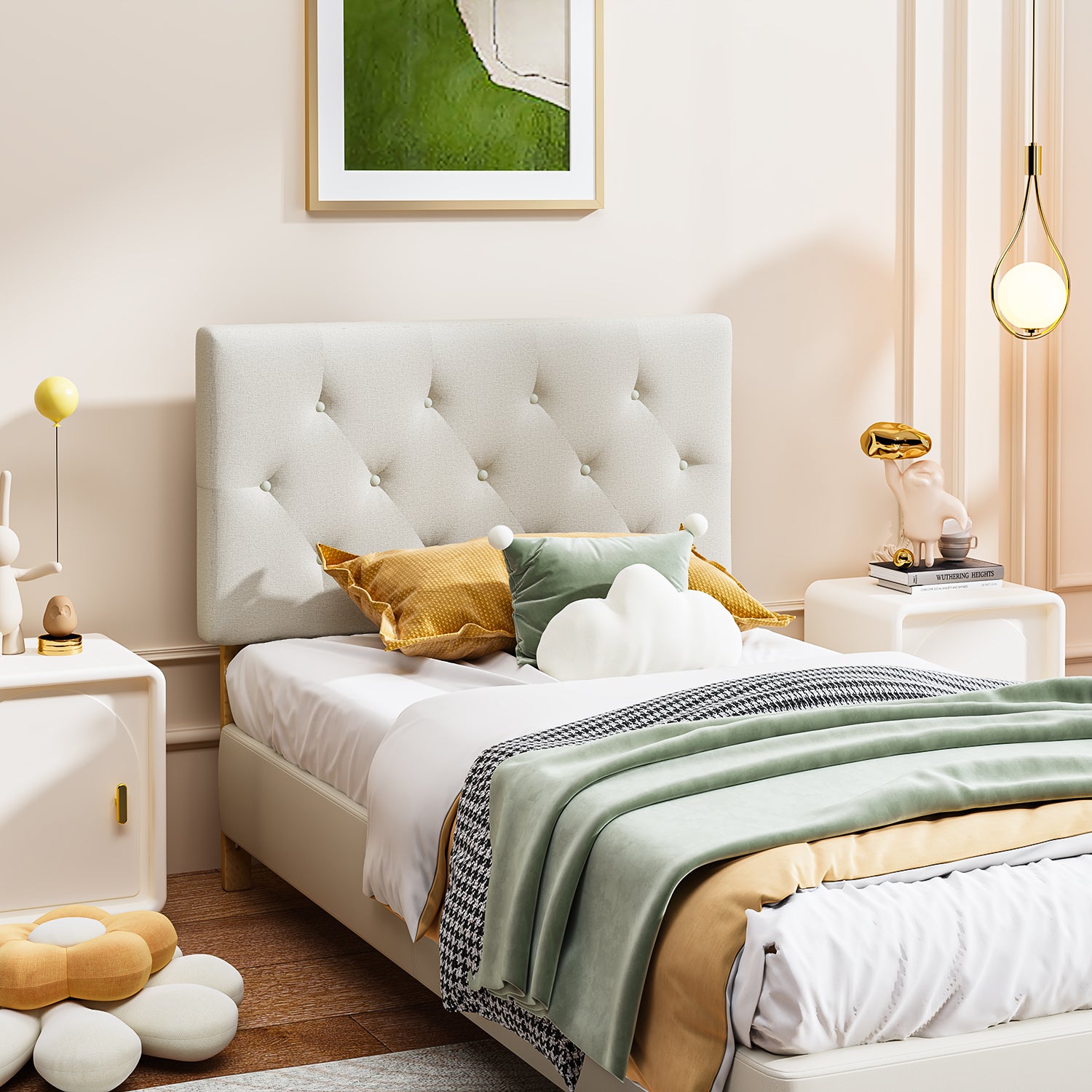 Cabecera de Cama Twin Tapizada con Altura Ajustable Patas de Madera Acolchada (Beige)