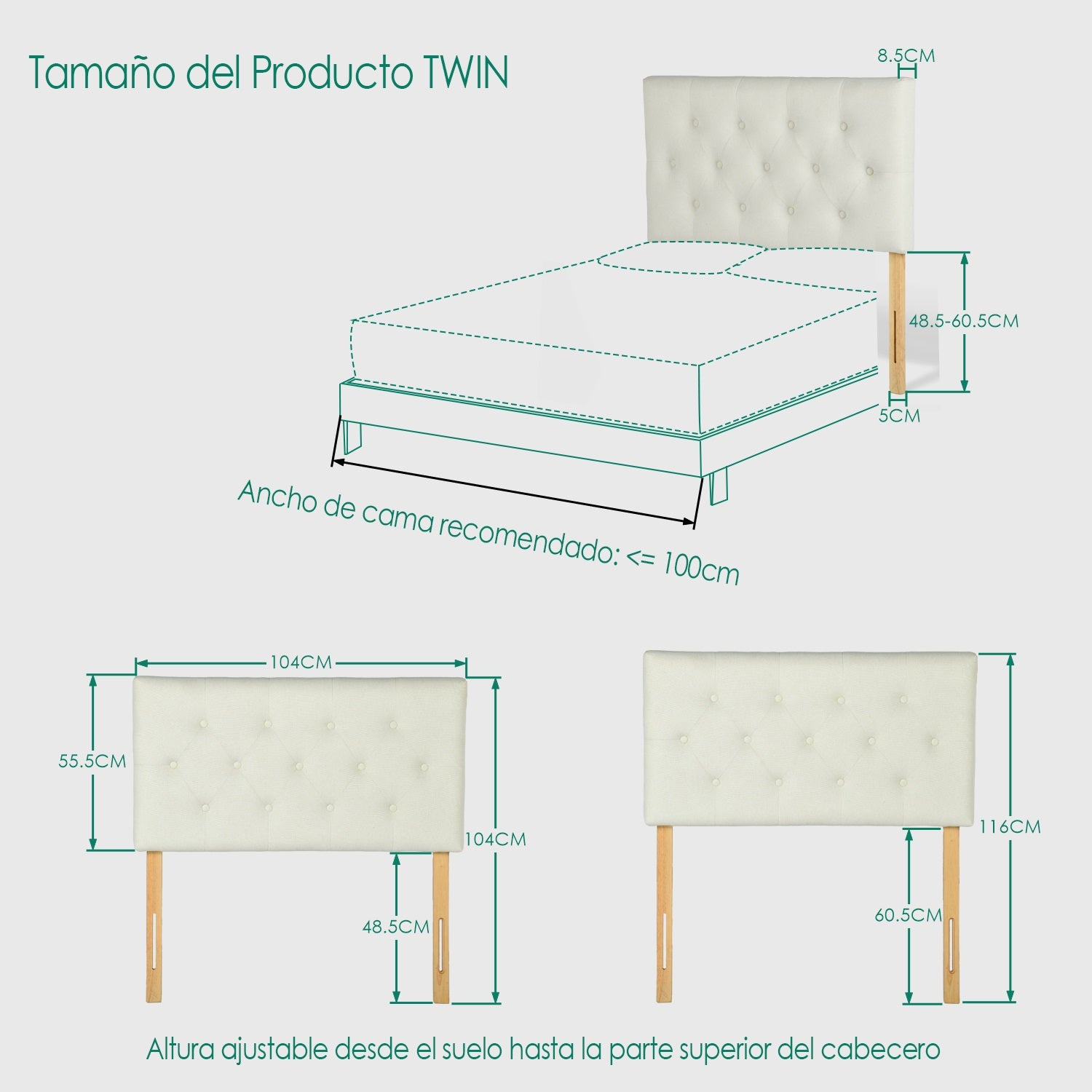 Cabecera de Cama Twin Tapizada con Altura Ajustable Patas de Madera Acolchada (Beige)