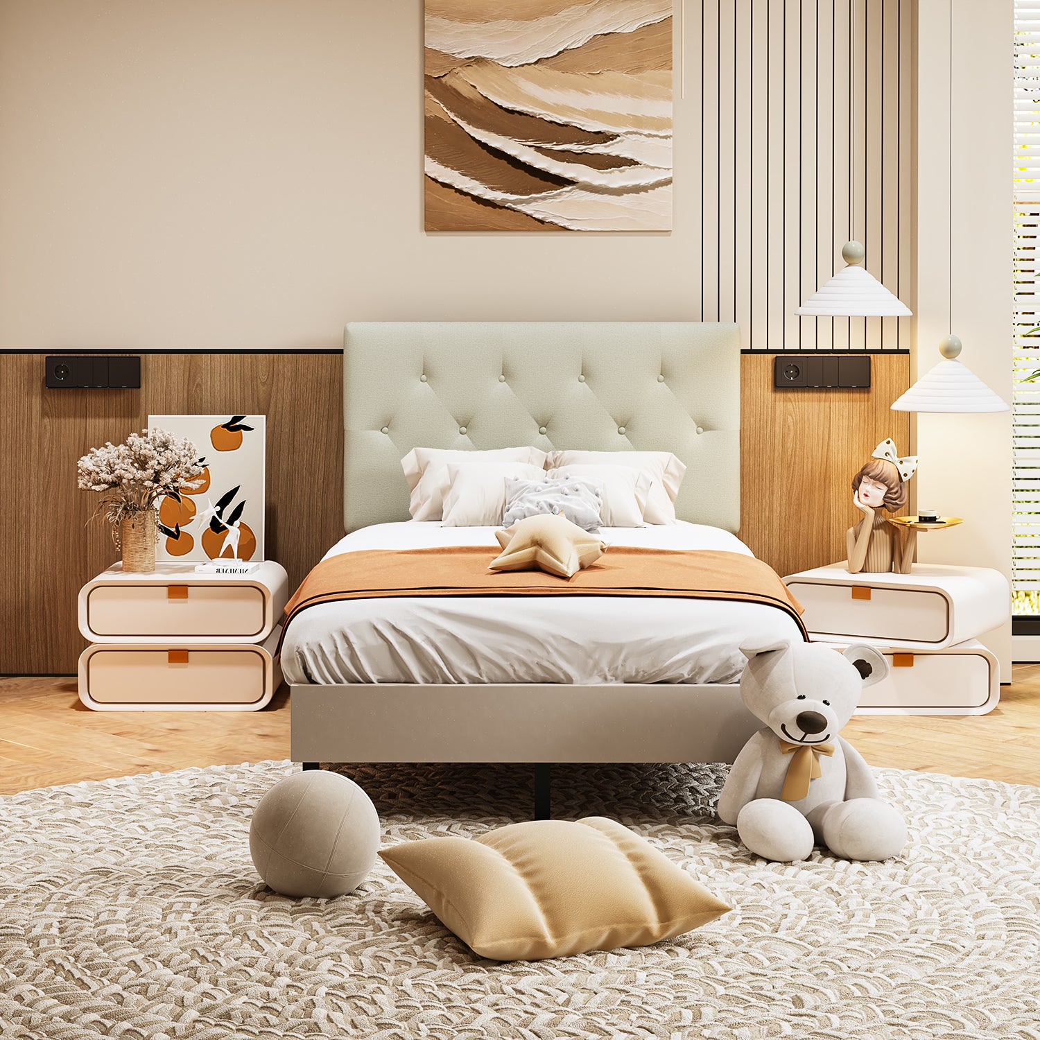 Cabecera de Cama Twin Tapizada con Altura Ajustable Patas de Madera Acolchada (Beige)